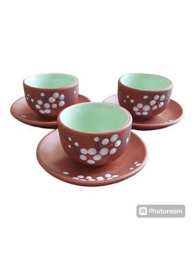 Hand-Painted Ochoko Sake Set – Terracotta & Teal Plum Blossom Design - Set Of 3